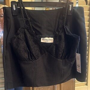 No Boundaries Black Pinstripe Lace Bustier With Matching Mini Skirt
